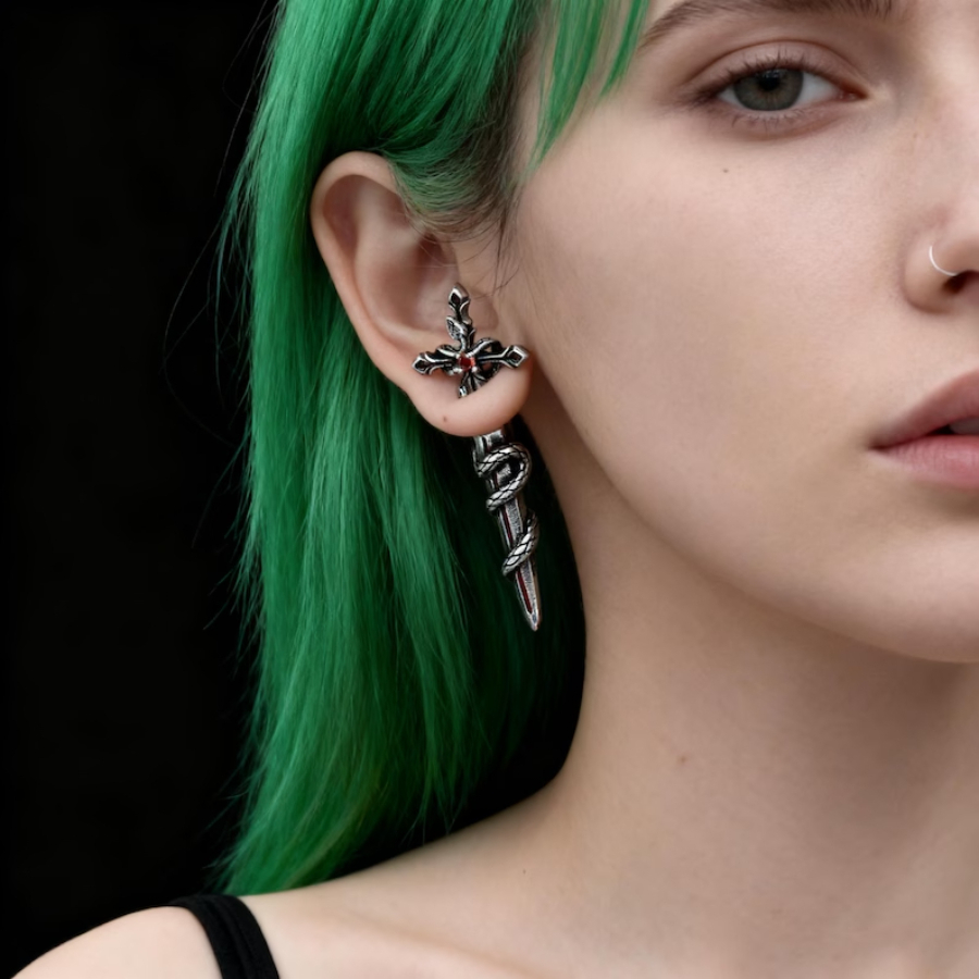 Retro Gothic Style Cross-Shaped Snake Pattern Stud Earrings